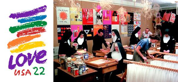 Kent’s “Love” stamp and Kent and other teachers in her print making workshop.