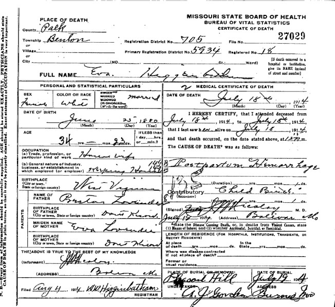 Death Certificate Eva Lavender (Higginbotham)