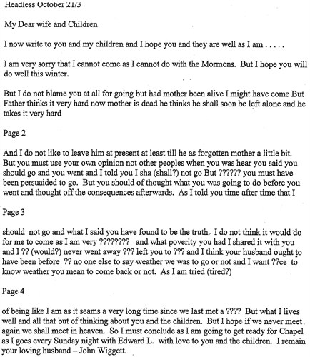 Typed transcription of John Wiggett's letter to Lizzie.