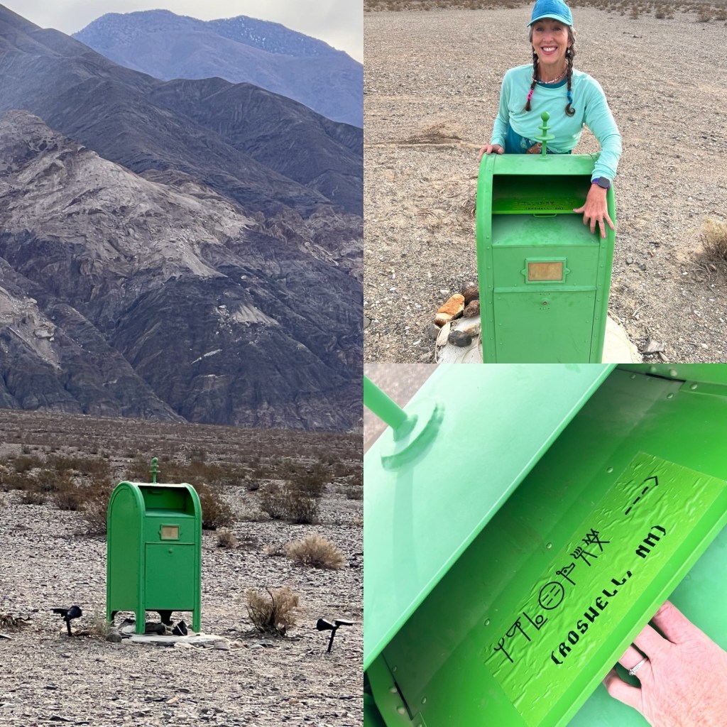 Bright green alien-themed mailbox standing alone in the Death Valley desert, alongside photos of Michelle opening the mailbox and examining its extraterrestrial-inspired decorations.