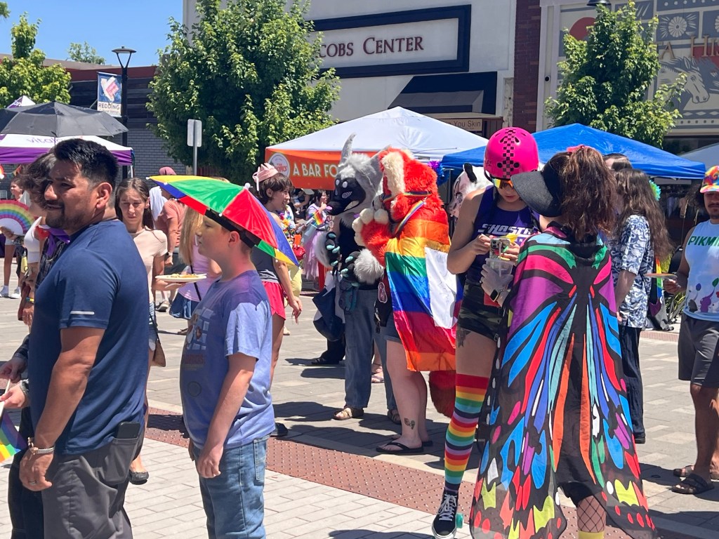 People at Pride standing near amphitheater in colorful clothing