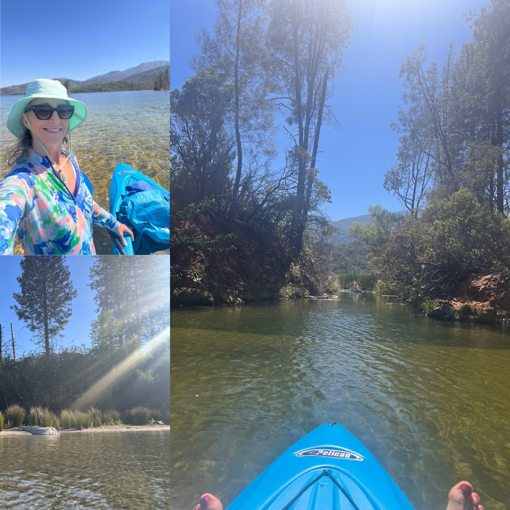 Three-photo collage from a day kayaking at Whiskeytown Lake: Michelle beside her blue kayak, sunlight streaming through trees along the shore, and a view from the kayak entering a quiet tree-lined inlet.