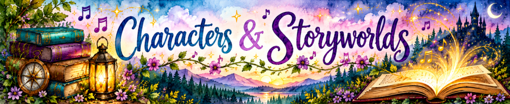 Characters & Storyworlds music collection — antique books, a glowing lantern, and an enchanted storybook surrounded by musical notes.