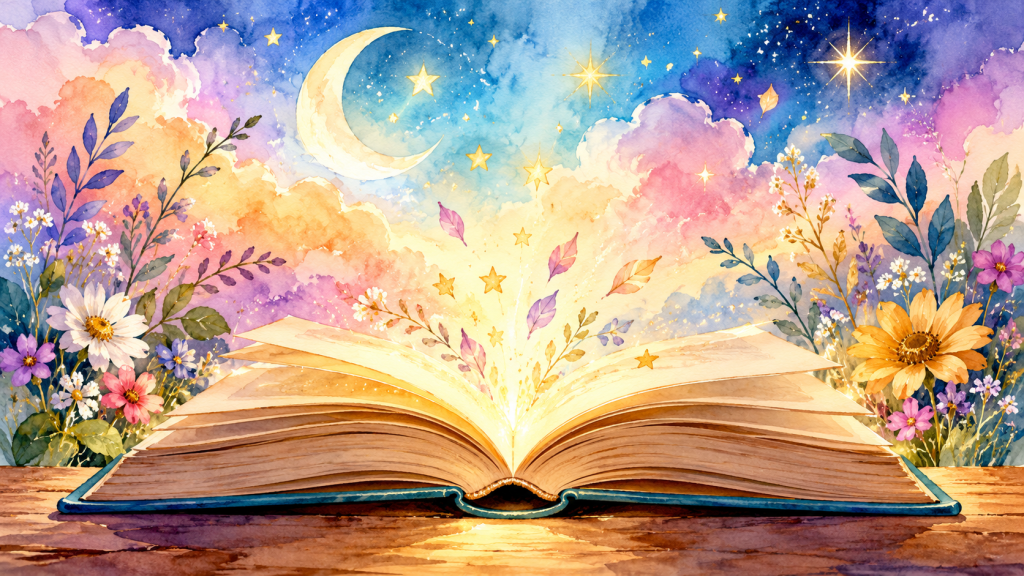 Open book releasing glowing stars and imaginative watercolor skies