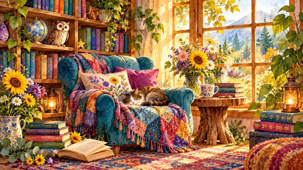 Sunlit reading nook with colorful books, flowers, teal armchair and sleeping cat