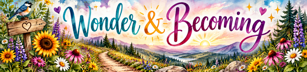 Wonder & Becoming music collection — a winding path through wildflowers toward sunlit mountains, symbolizing growth and possibility.
